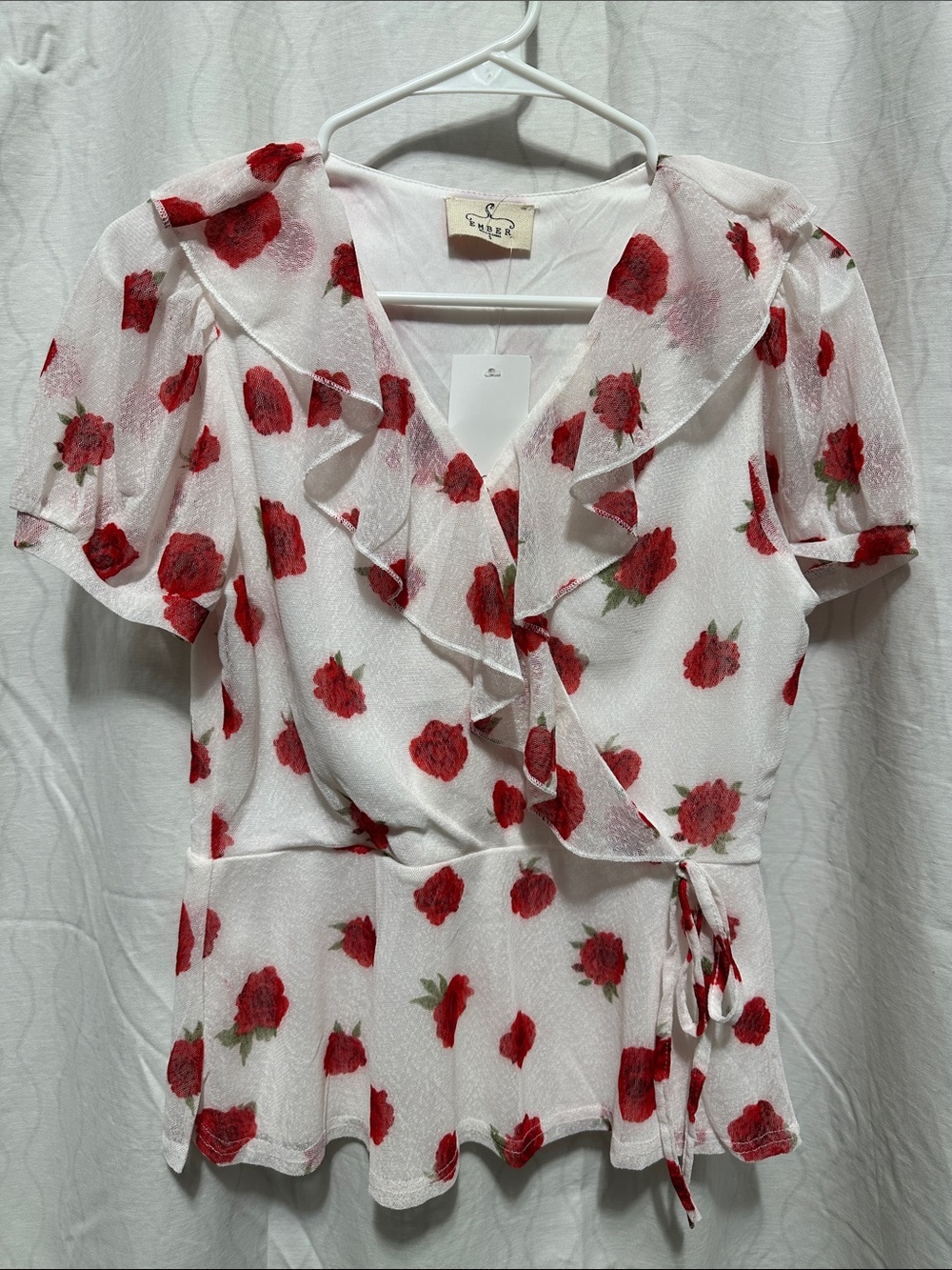 Red Rose Print Wrap Blouse - Feminine Ruffle Detail